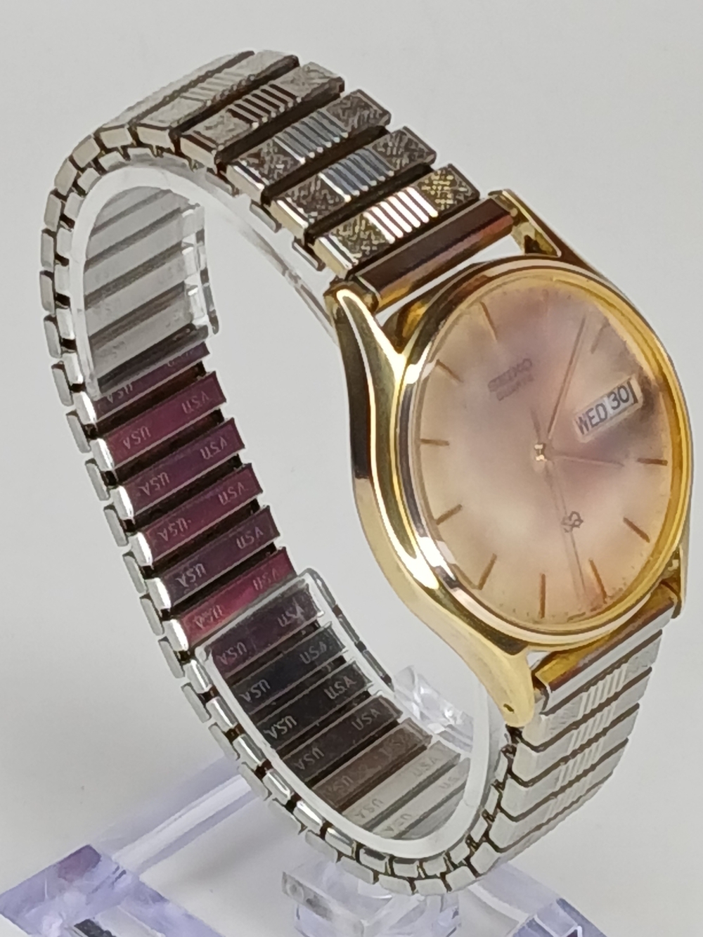 Men's Seiko SQ Quartz Day-Date Watch Ref 7813-8019 Gold Tone Vintage